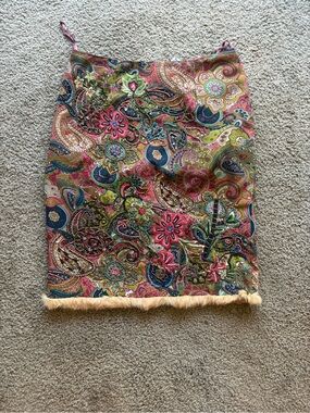 Embroidered Paisley Pencil Skirt with Fur Hem - Multicolor